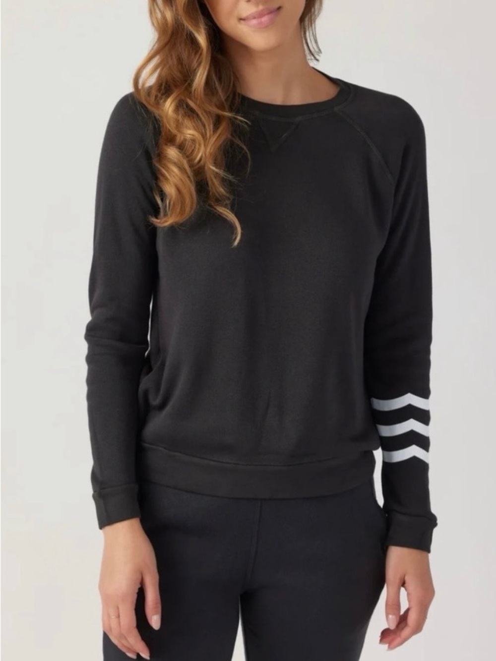 Sol Angeles Coastal Waves Washed Black  Crewneck Sweatshirt with White Stripes S